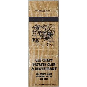 Vintage Matchbook Cover Ole Chaps Private Club & Restaurant Seymour Texas TX